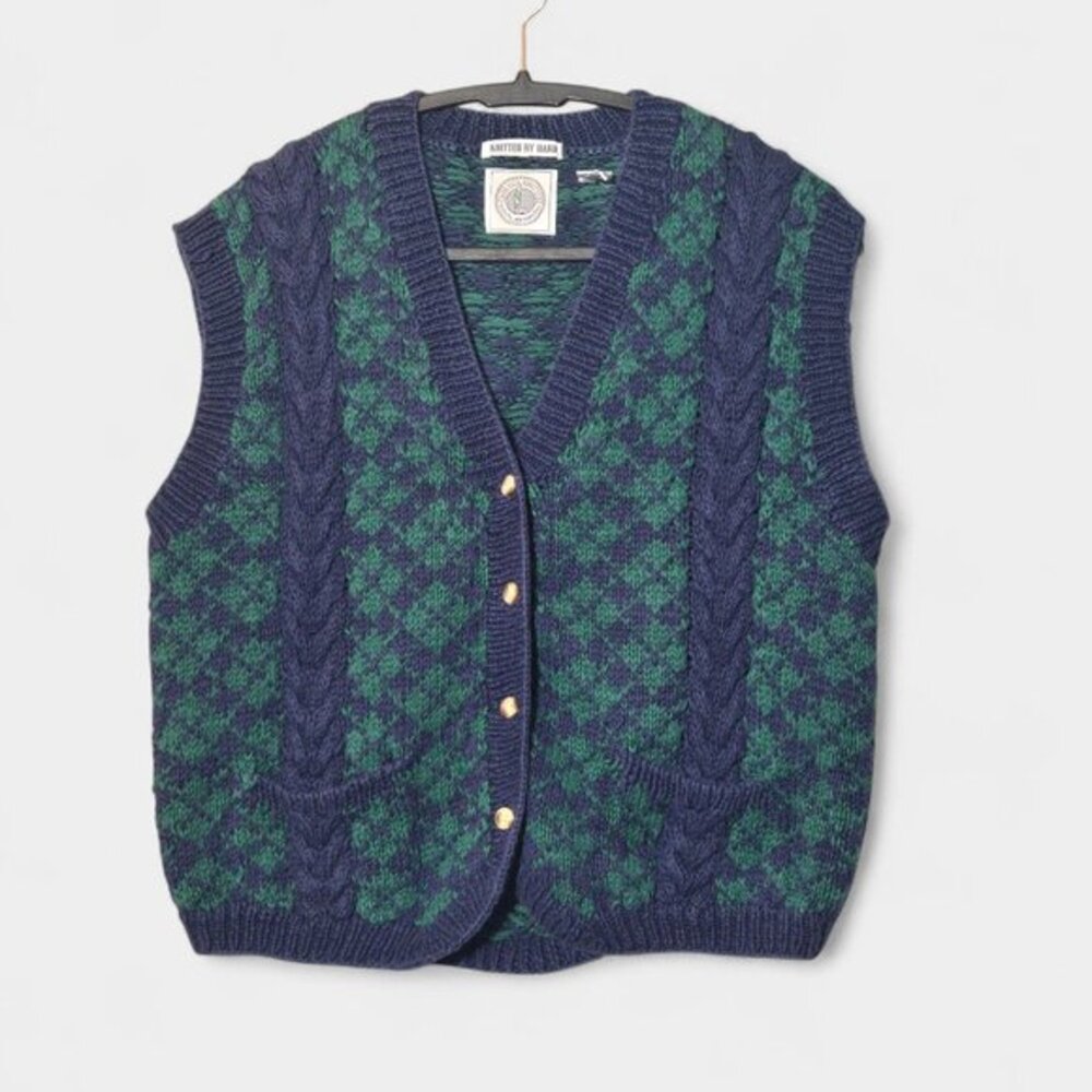 VTG Cape Isle Knitters Hand Knit Sweater Vest Button Front Blue Green Cozy  M